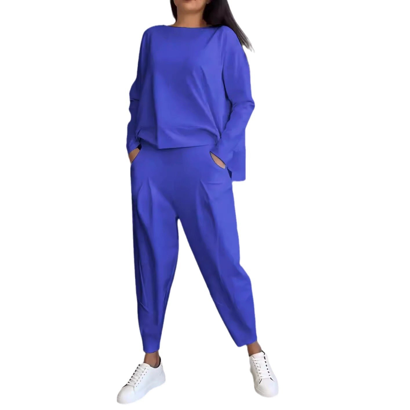 Women's Solid Color Round Neck Pocket Trousers Suits