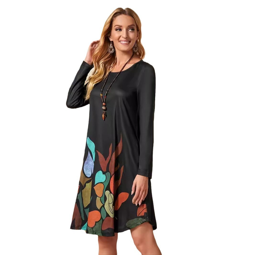 Robe noire imprimée pour femme, manches longues, robes rondes