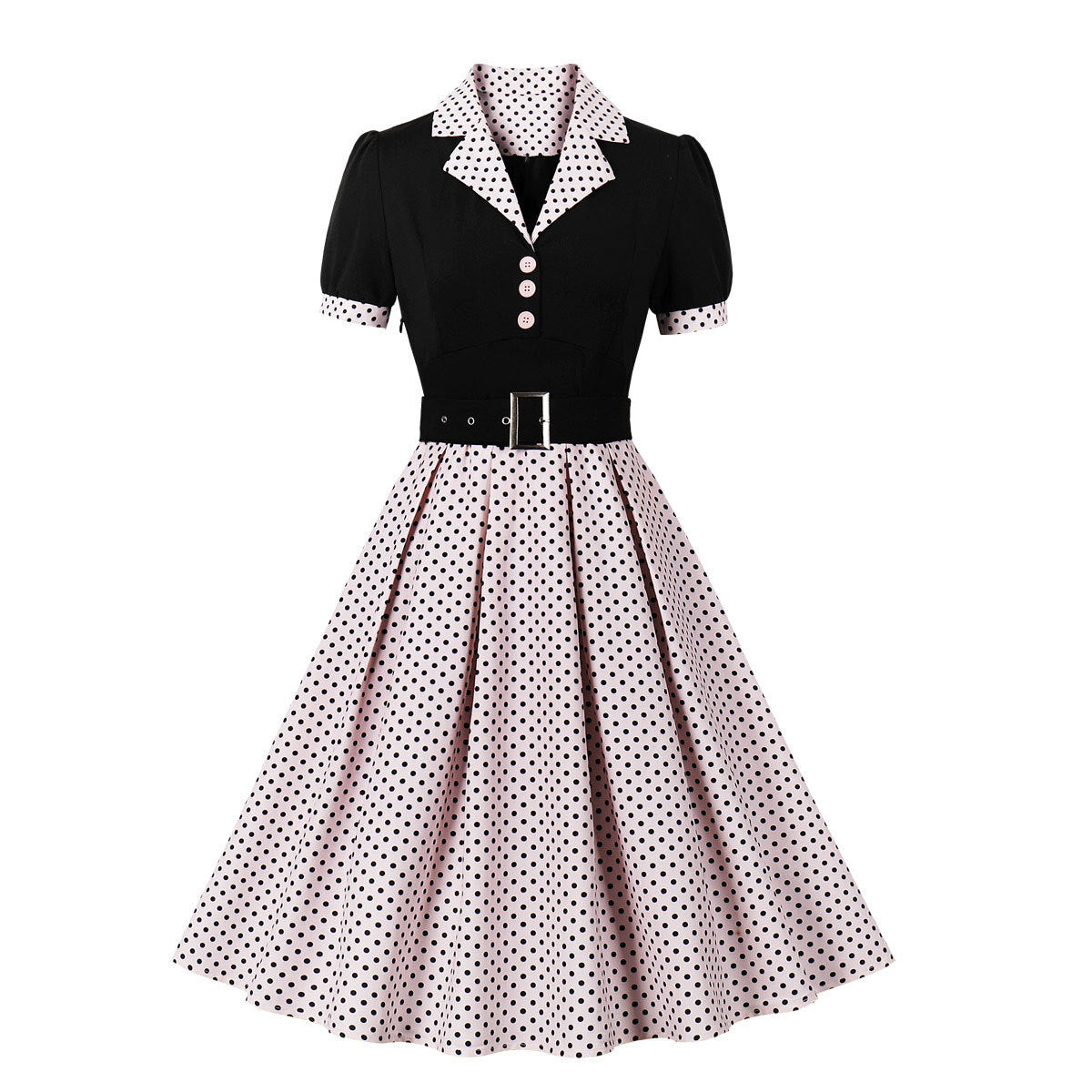 Women's Fashion Polka Dot Lapel Sleeve Belt Dresses