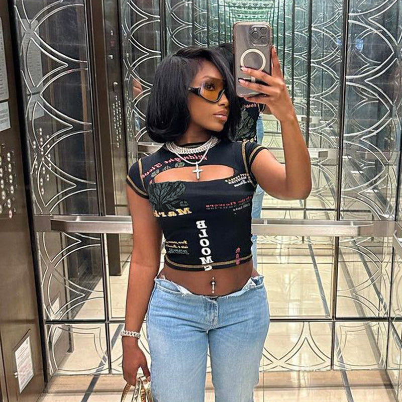 Sexy Cutout Short-sleeved T-shirt Female Hot Blouses