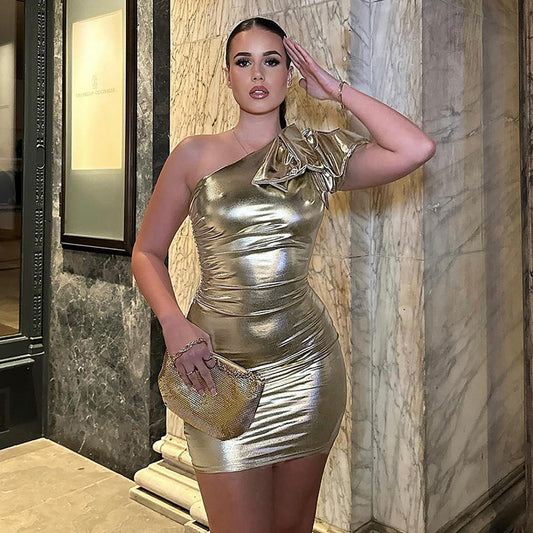 Women's Fashion Sexy Bow One Shoulder Metallic Dresses