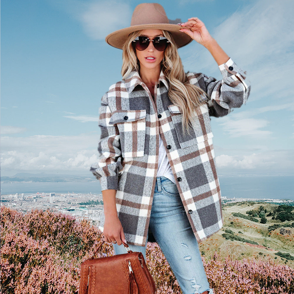 Women's Fashion Urban Style Loose Single-breasted Plaid Coats