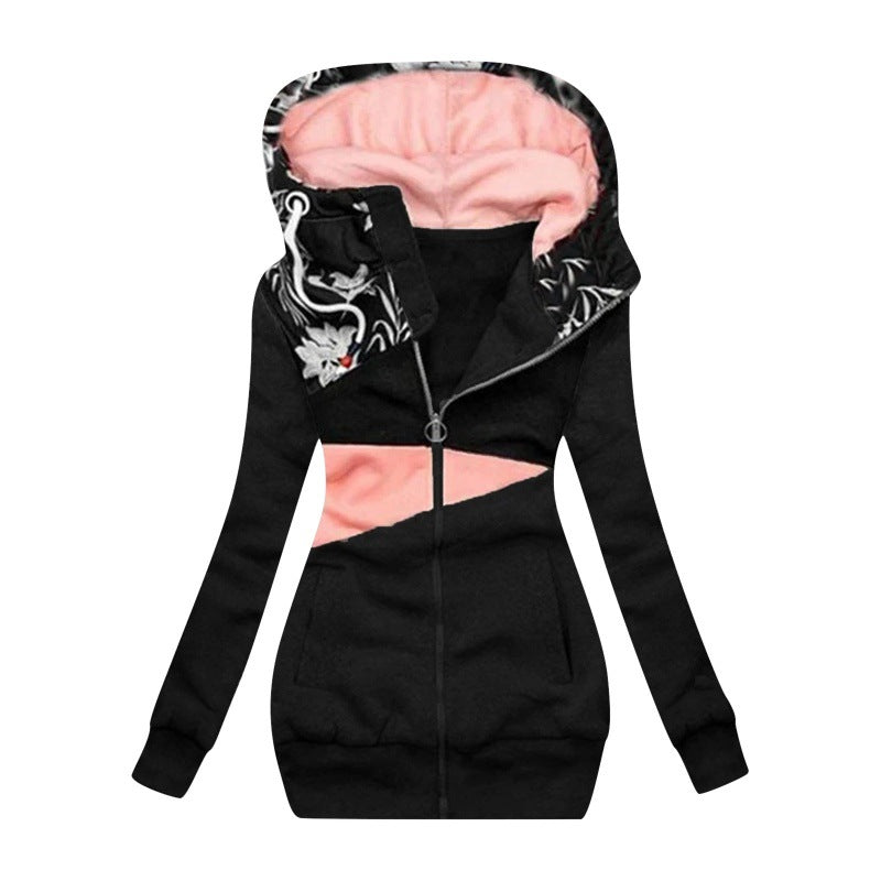 Women's Zipper Color Matching Printed Hooded Long Tops