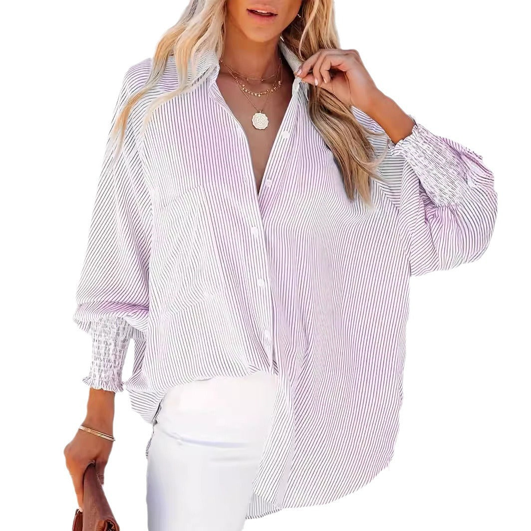 Women's Beach Vacation Sun Protection Mid-length Striped Shirt Blouses