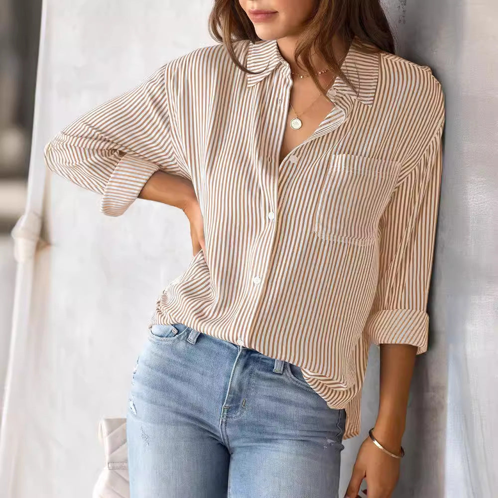 Women's Long-sleeved Shirt With Loose Leisure Stripes Blouses