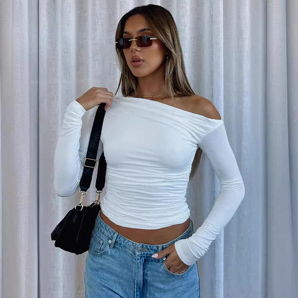 Women's Shoulder Asymmetric Solid Color Long Sleeve Sexy Tops