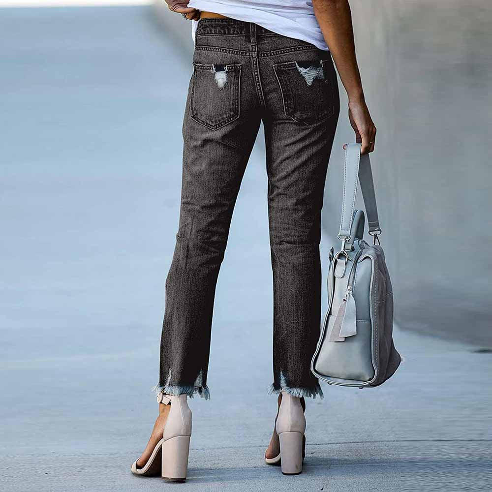 Women's Straight Tasseled Slim Fit Ripped Trousers Jeans