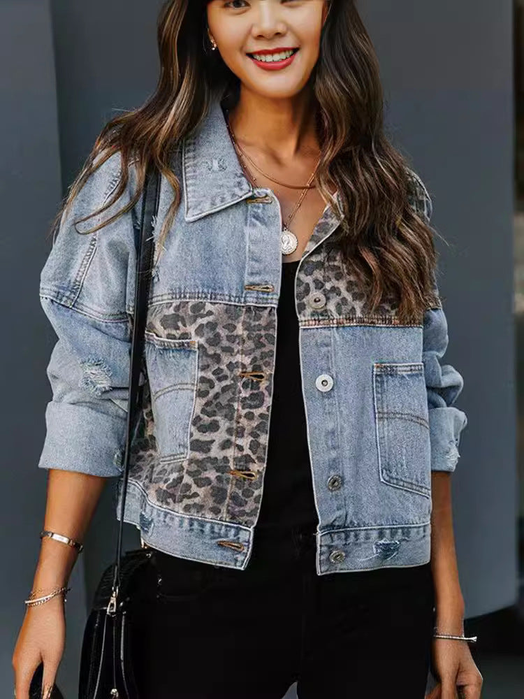 Women's Denim Long Sleeve Leopard Splicing Jackets