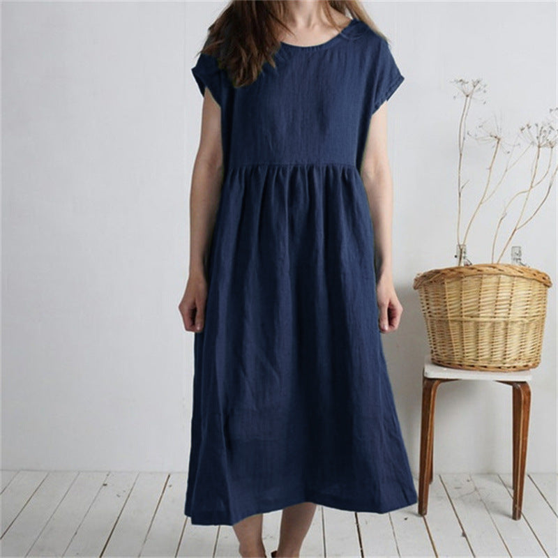 Robe mi-longue pour femme, col rond, manches unies