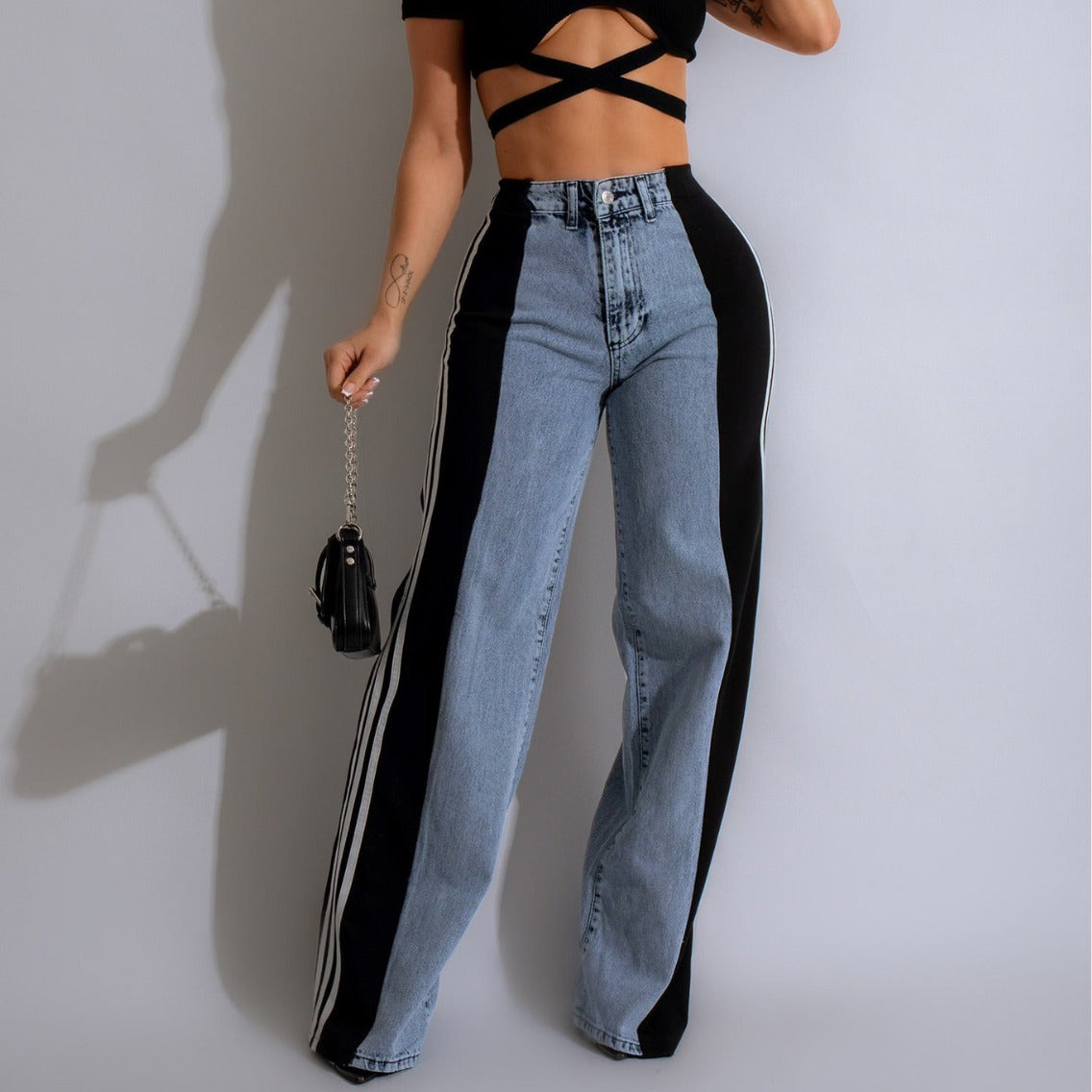 Women's Summer Fashion Stitching Three Striped Wide Leg Jeans