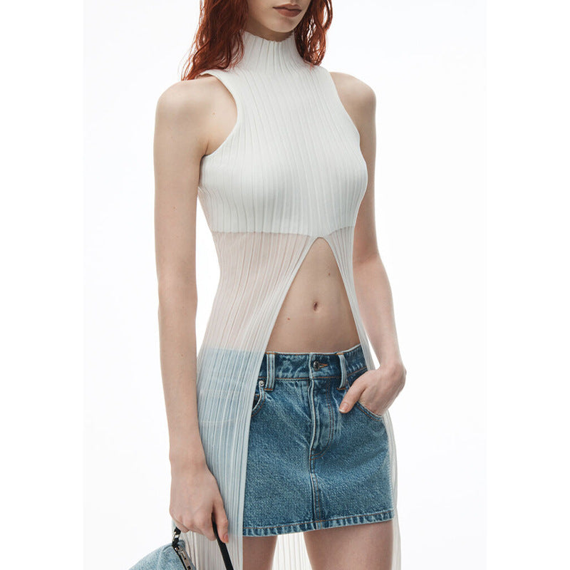 Turtleneck Sleeveless Design Slit Knitted Temperament Slim Sweaters