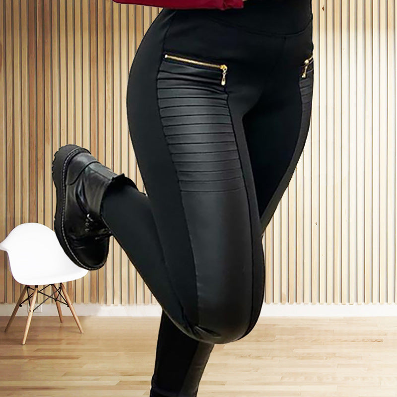 Women's Clothes Casual Black Color Imitation Leather Glossy Pants