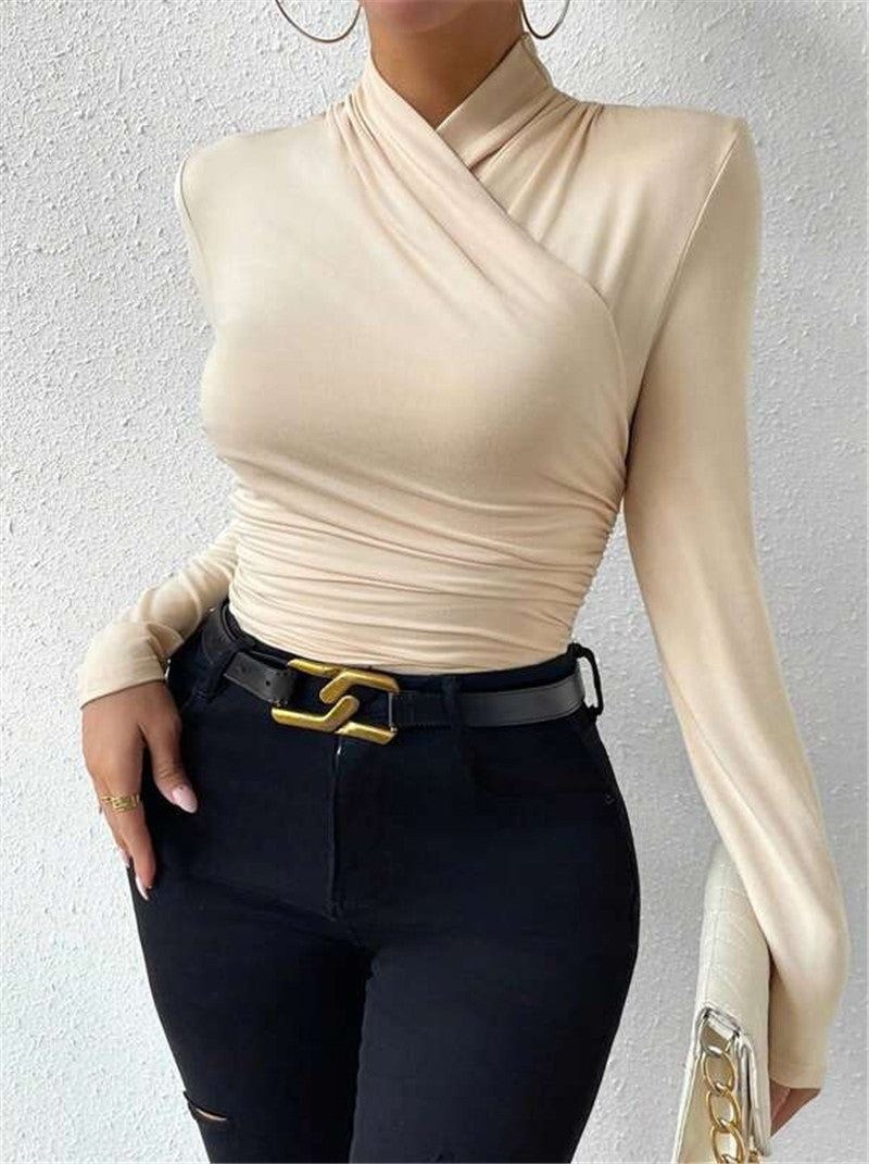 Design Cross Collar Slim Fit Pleating Blouses