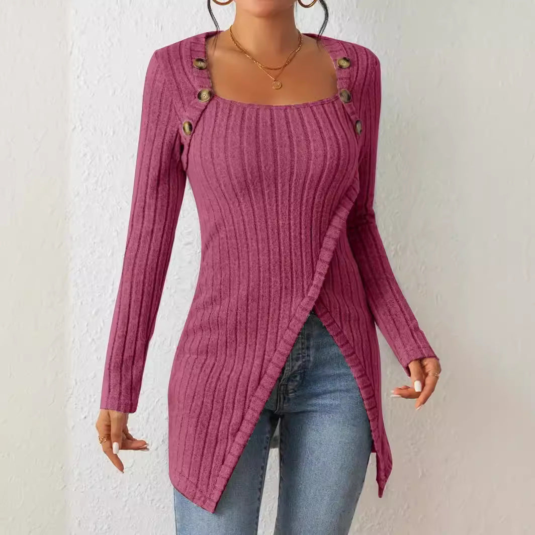 Women's Long Sleeve Knitted Square Collar Irregular Knitwear