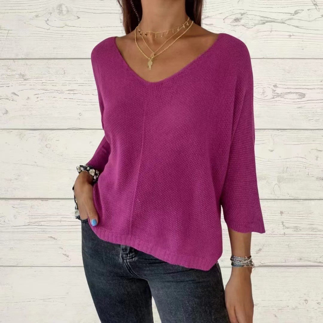 Women's Color Loose Three-quarter Sleeve Batwing Shirt Knitwear