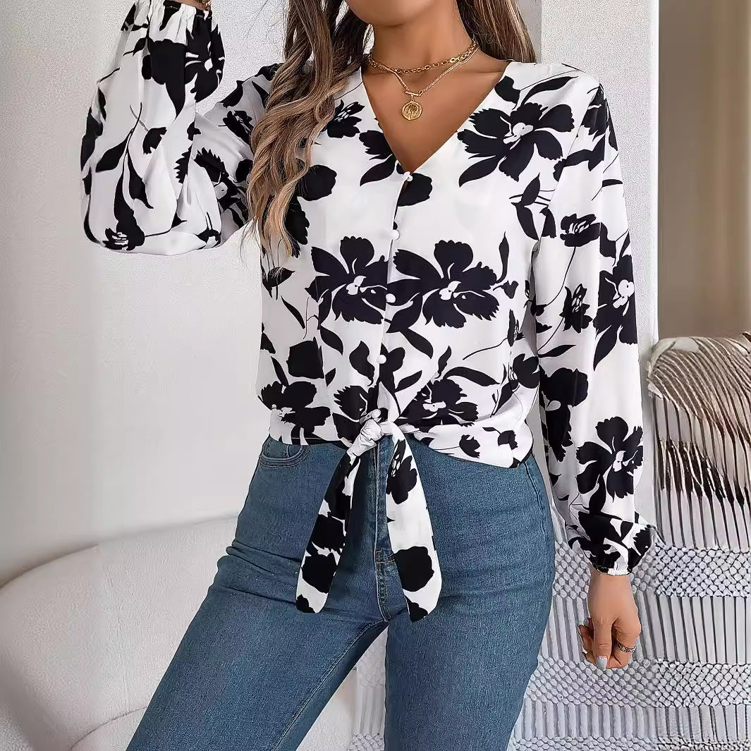 Women's Casual Contrast Color Flower Lantern Sleeve Blouses