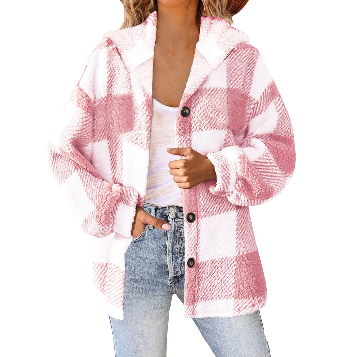 Women's Printed Plaid Hooded Button Plush Warm Coats