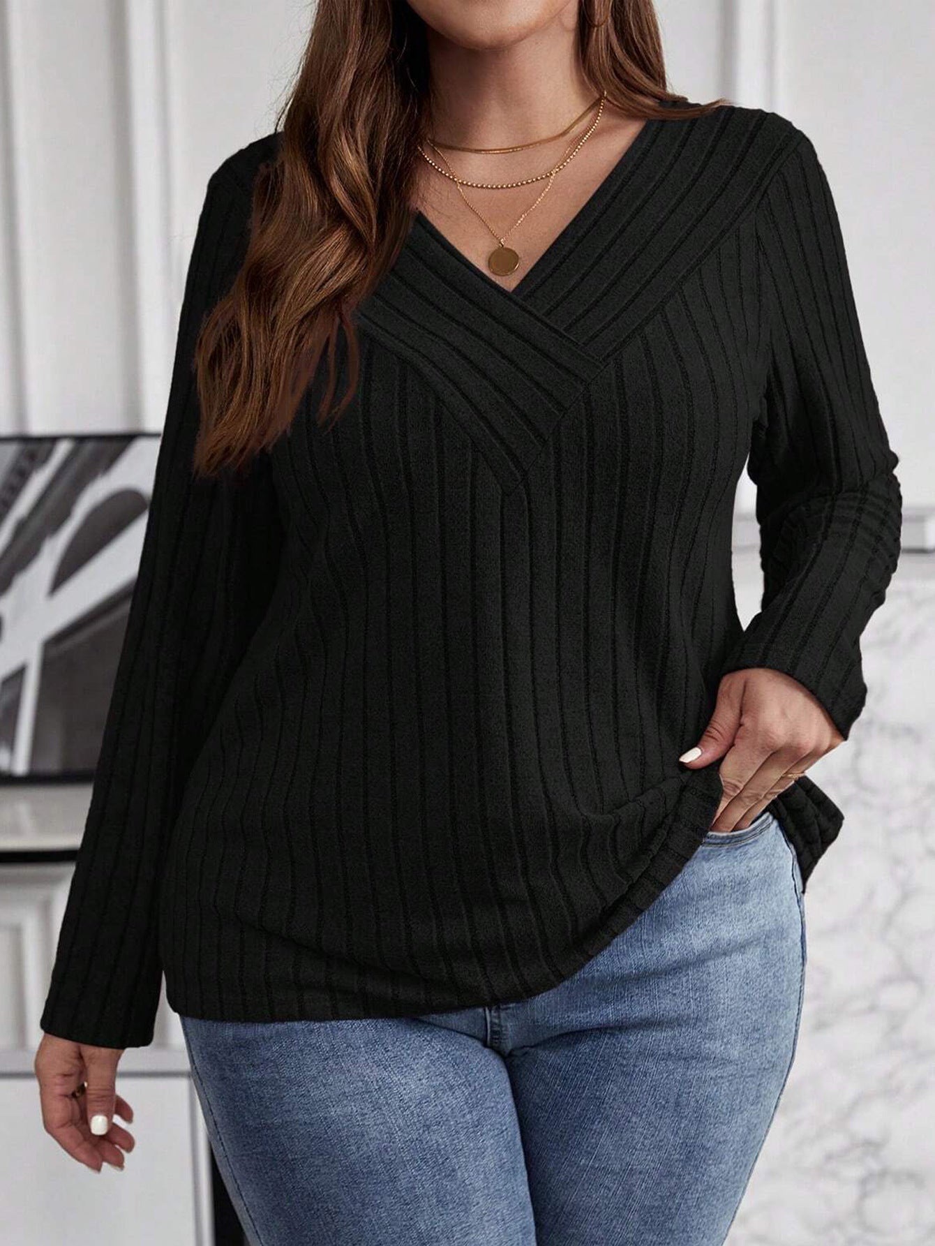 Color Cross Long Sleeve Sunken Stripe Blouses