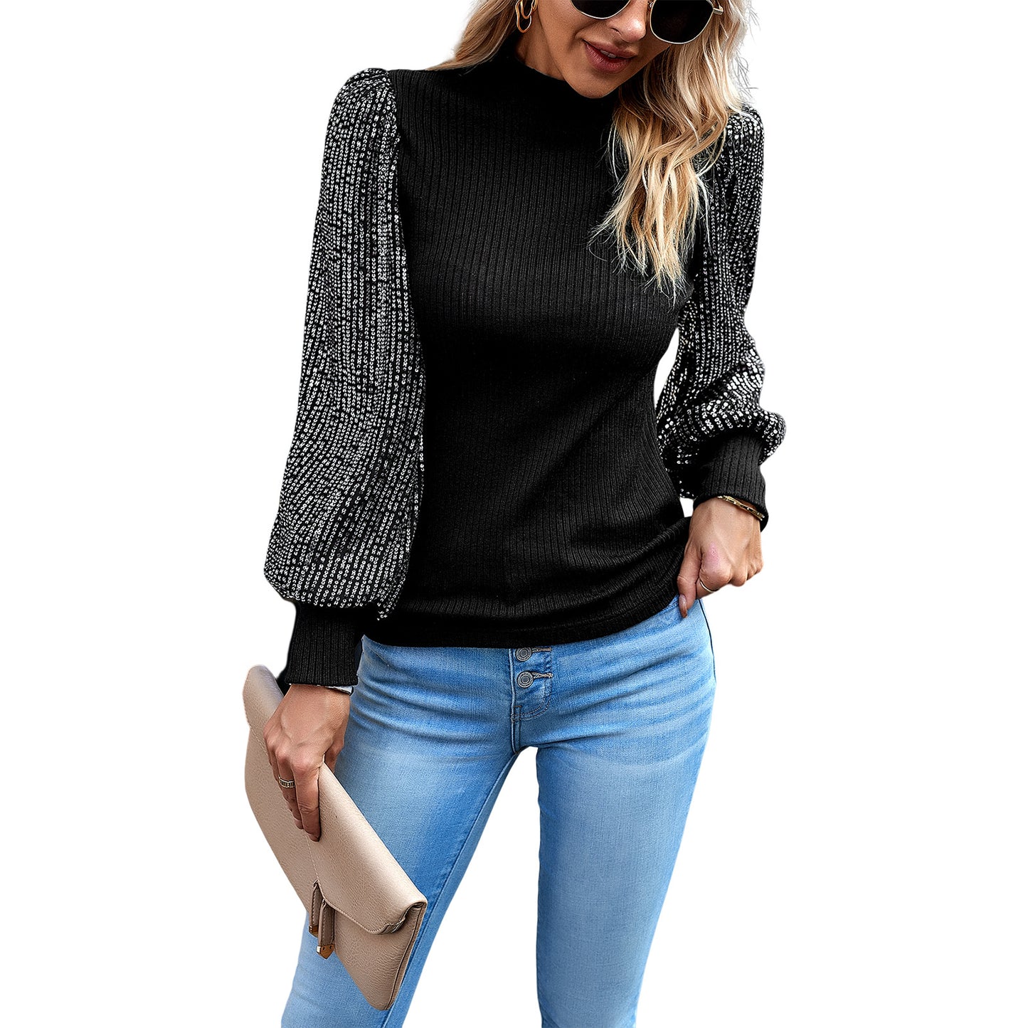 Women's Collar Long Sleeves Sequin Stitching Knitted Knitwear