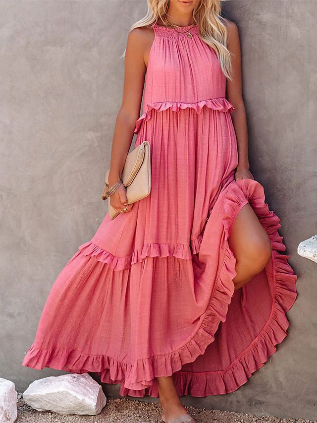 Women's Summer Vacation Style Ruffled Long Dress Wide Hem Dresses