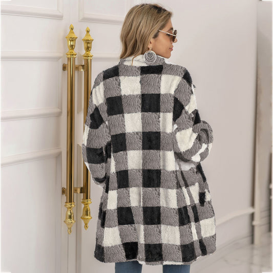 Women's Quantity Discounts Plush Plaid Long Coats