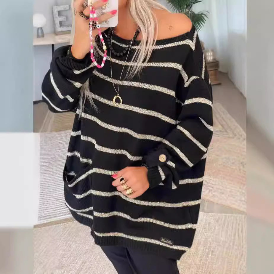 Women's Pocket Contrast Color Striped Pullover Round Neck Sweaters