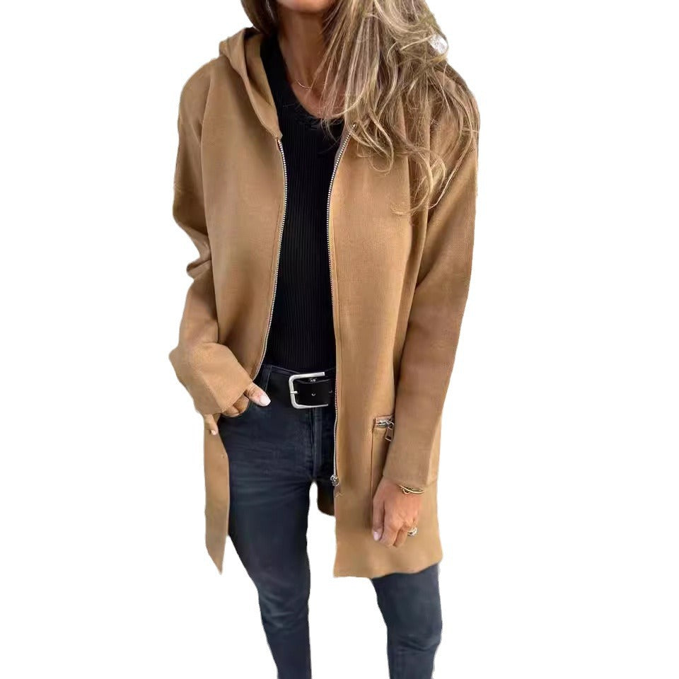 Women's Solid Color Casual Zipper Hooded For Jackets