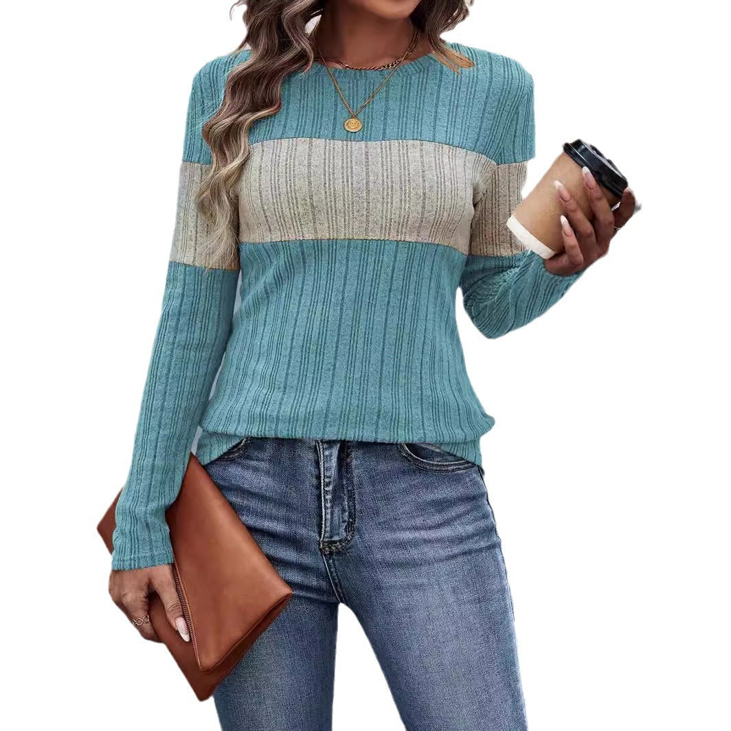 Women's Long Sleeve T-shirt In Contrast Color Knitwear