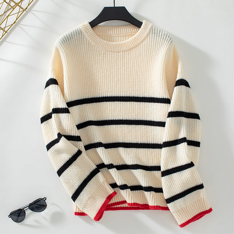 Women's Contrast Color Striped Pullover Casual Long-sleeved Sweaters