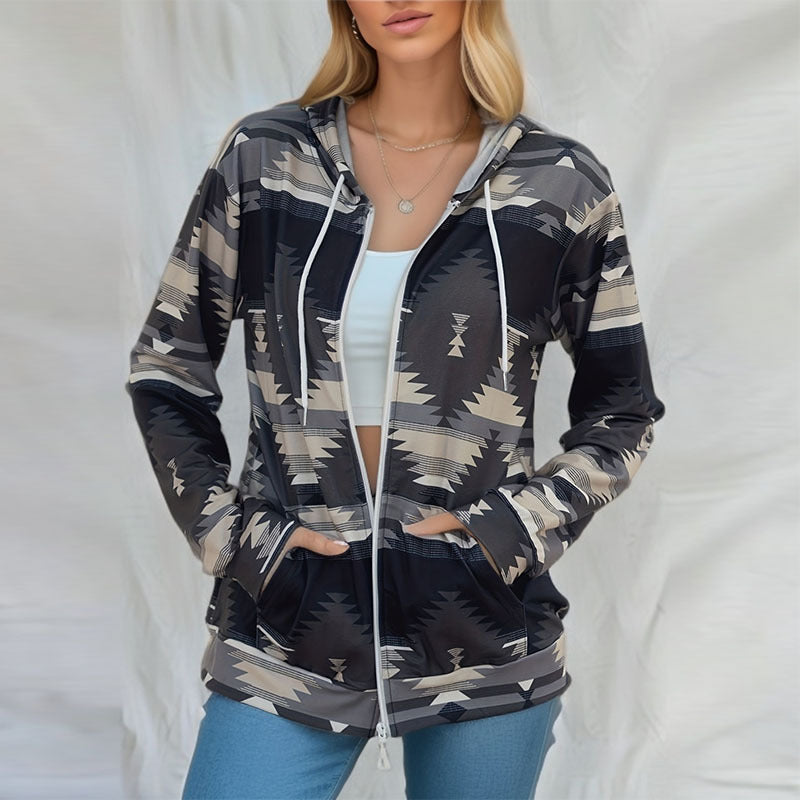 Fashion Casual Pattern Printed Long Sleeve Loose Hooded Pocket Jackets