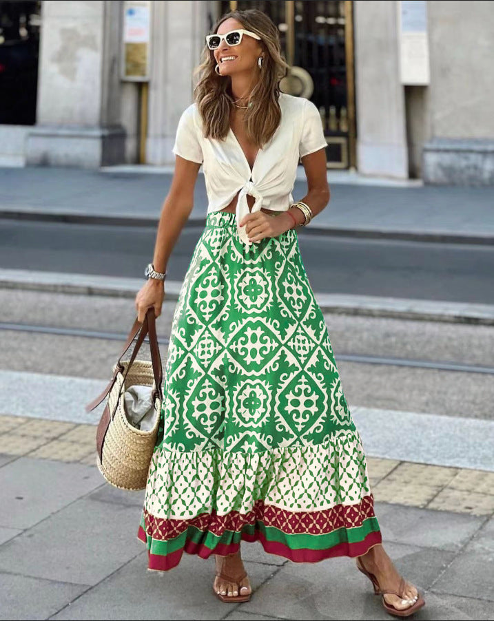 Women's Summer Printed Loose Stitching Large Swing Skirts