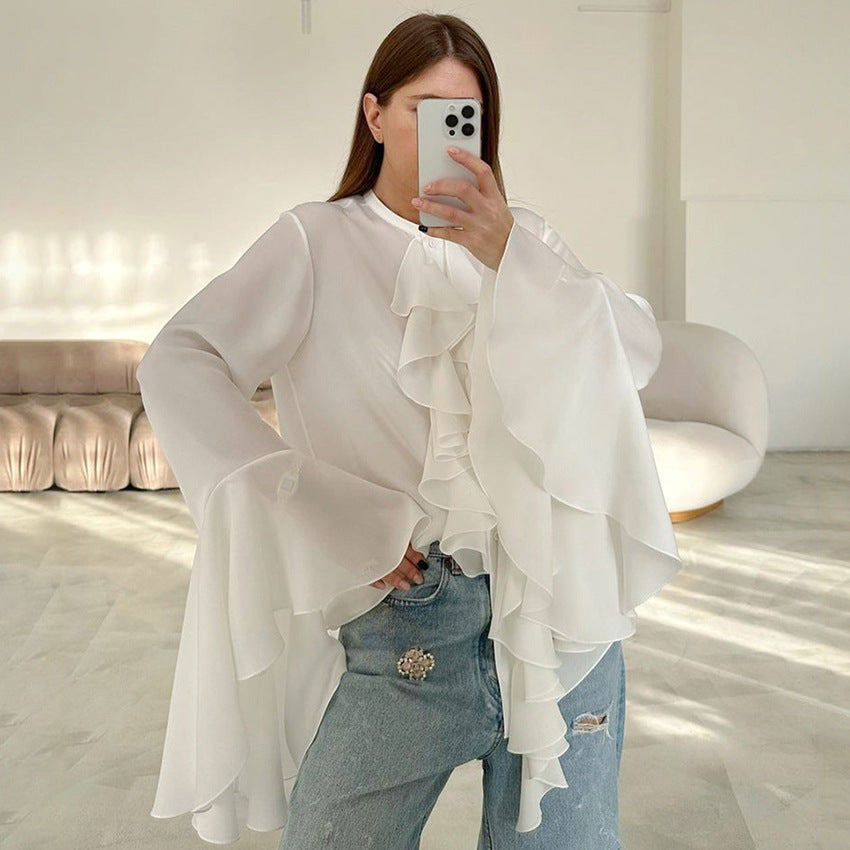 Women's Chiffon Design Sense Flared Sleeves Ruffled Blouses