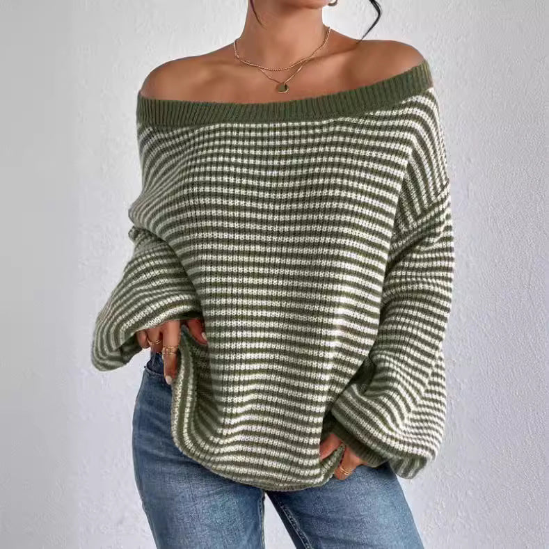 Women's Contrast Color Striped Lantern Sleeve Knitwear