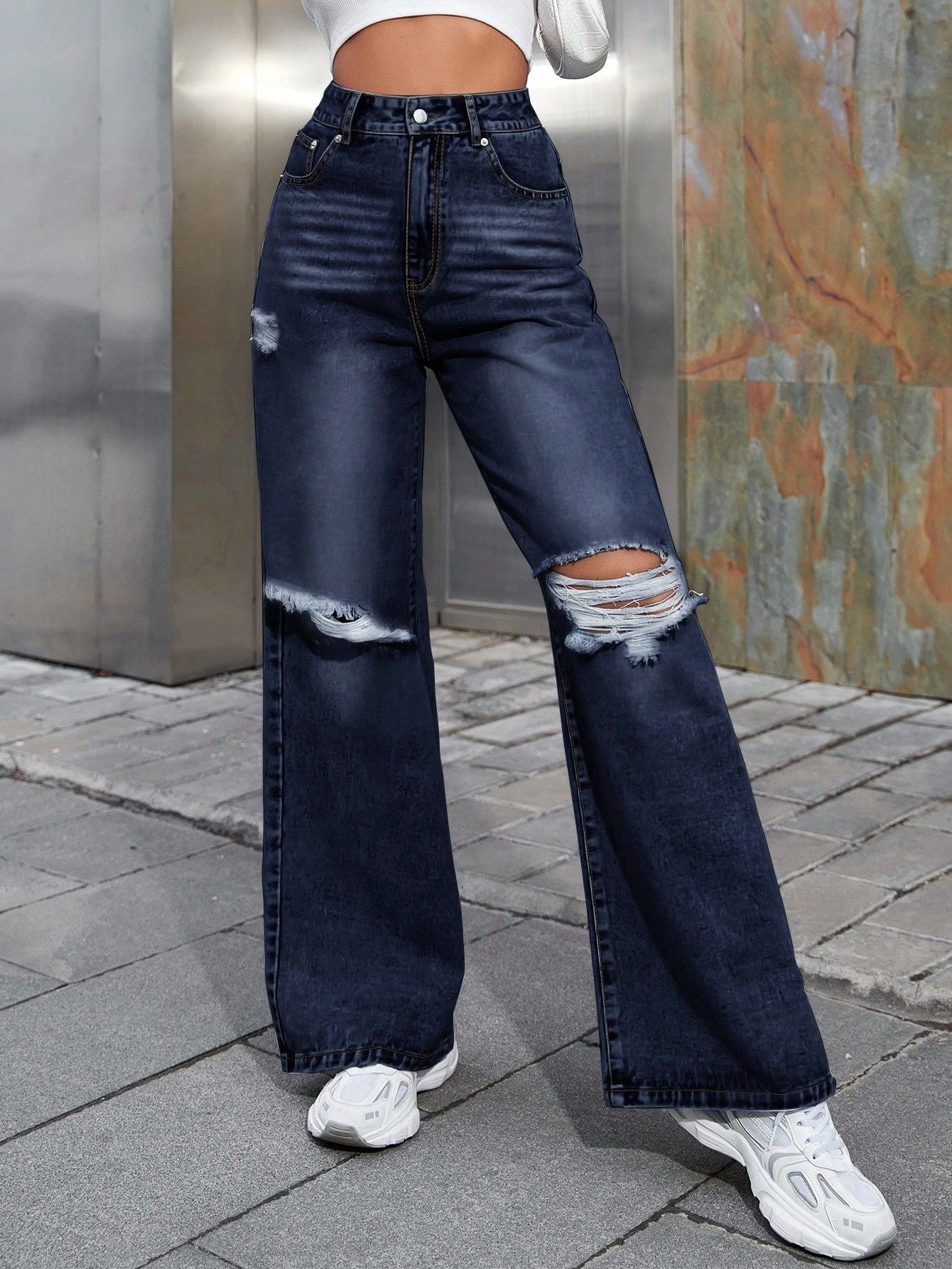 Women's Fashion Holes High Waist Wide Leg Casual Jeans