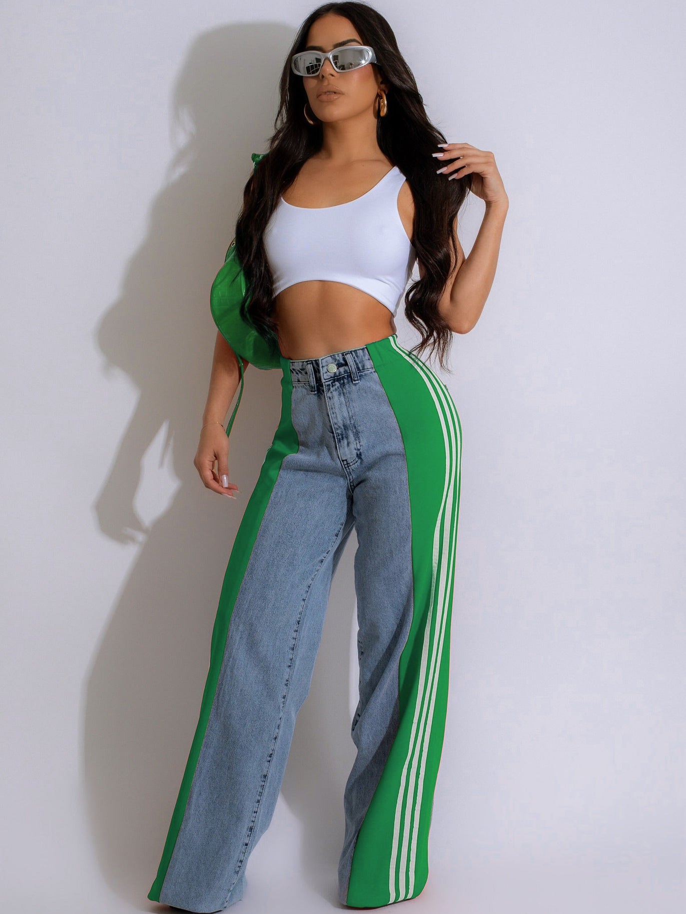 Women's Summer Fashion Stitching Three Striped Wide Leg Jeans