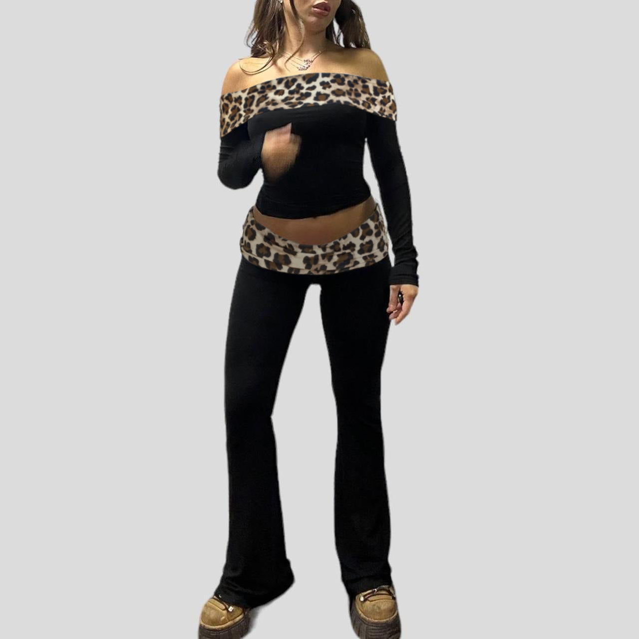 Women's Leopard Splicing Contrast Color High Waist Tight Sexy Pants