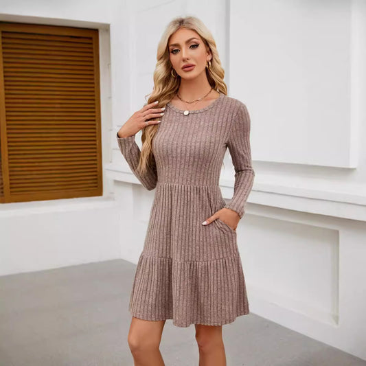 Robe longue décontractée à col rond et poches pour femmes, longueur genou