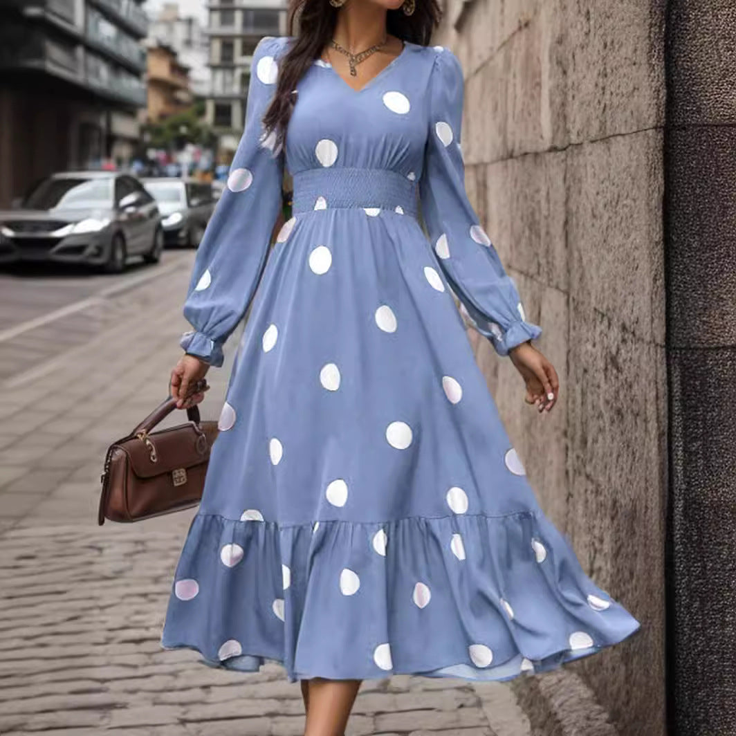 Women's Polka Dot Printed Long Sleeve Big Dresses