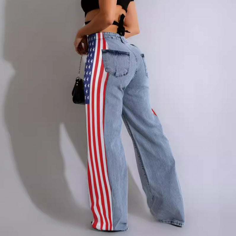 Women's Flag Print Stretchy Denim Trousers Casual Jeans