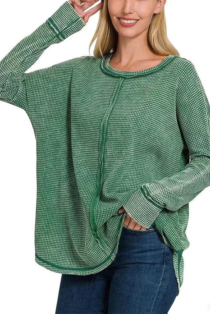 Women's Washed Waffle Cotton Long-sleeved T-shirt For Blouses