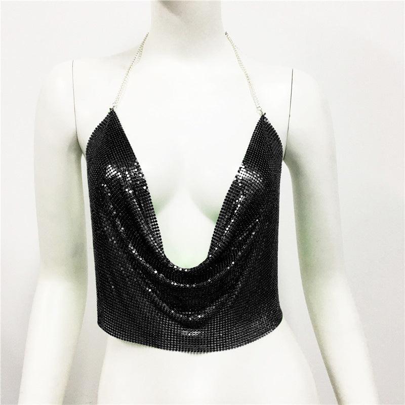 Women's Nightclub Halter Deep V Metal Strap Tops