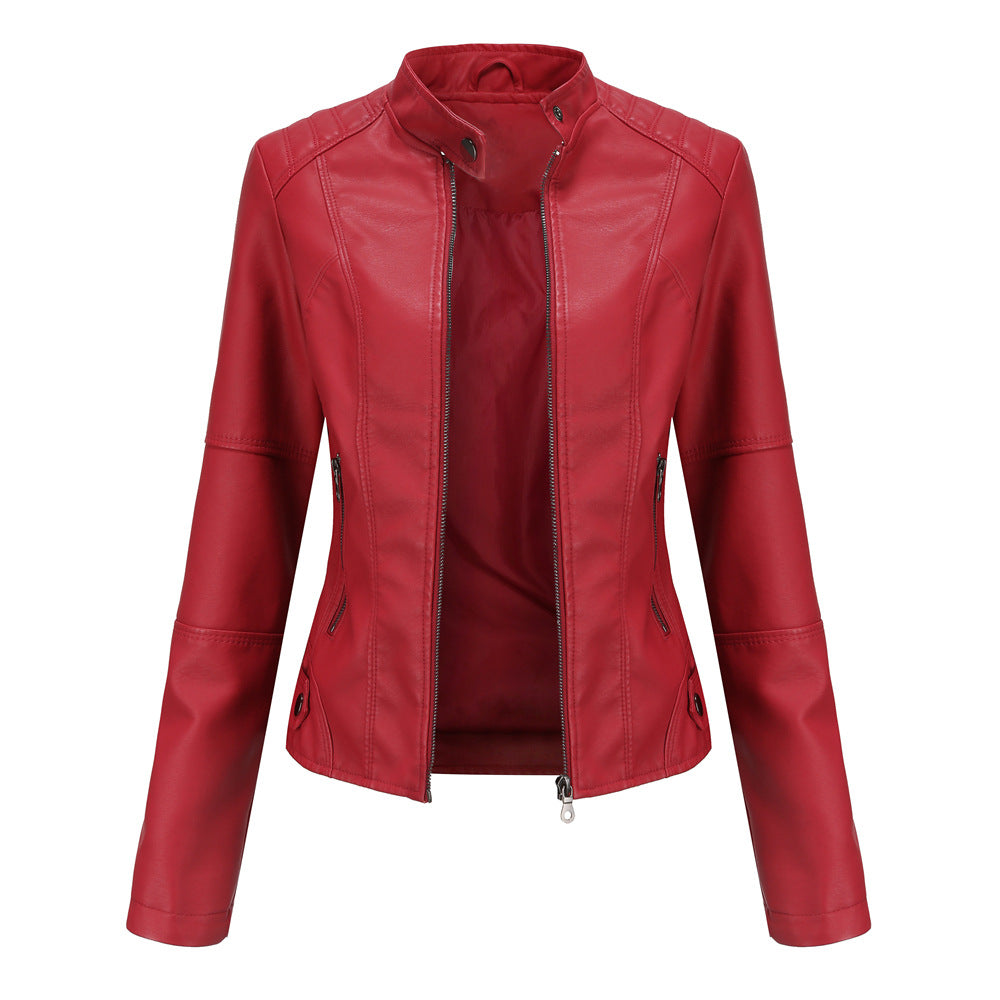 Women's European Leather Slim Thin Motorcycle Stand Jackets