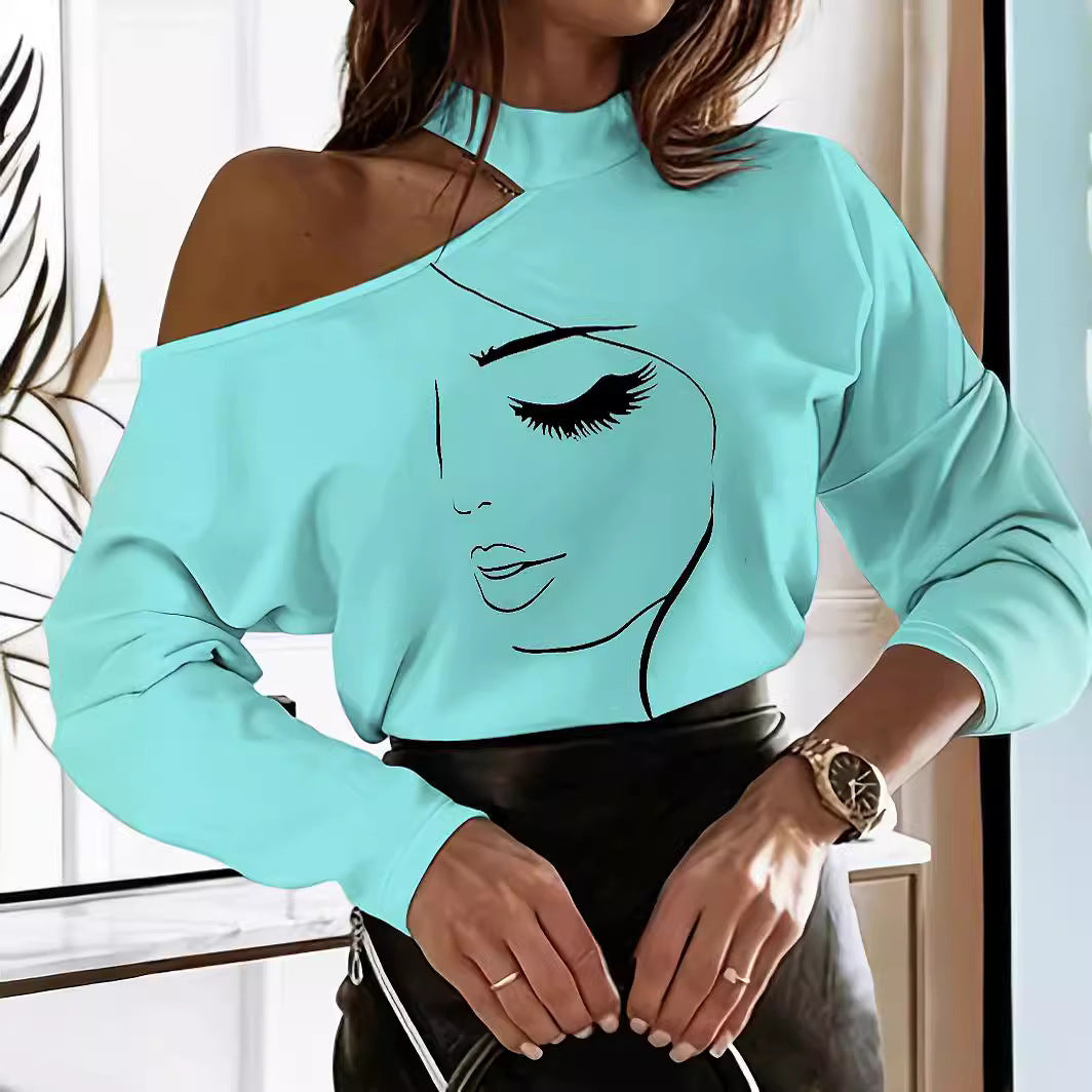 Women's Autumn Sketch Portrait Printing Long-sleeved T-shirt Blouses