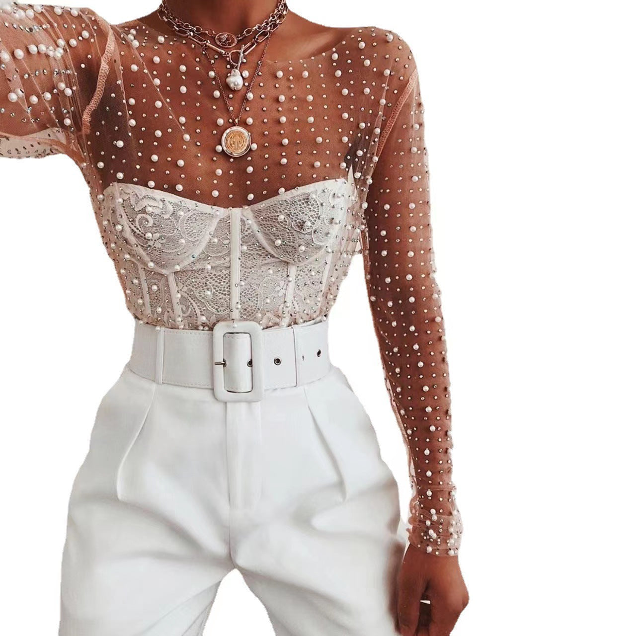 Rhinestone Pearl Stretch Crew Neck Mesh Tops