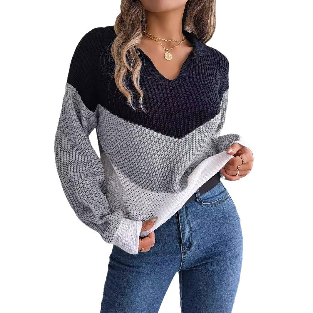 Women's Casual Polo Collar Contrast Color Long Sweaters