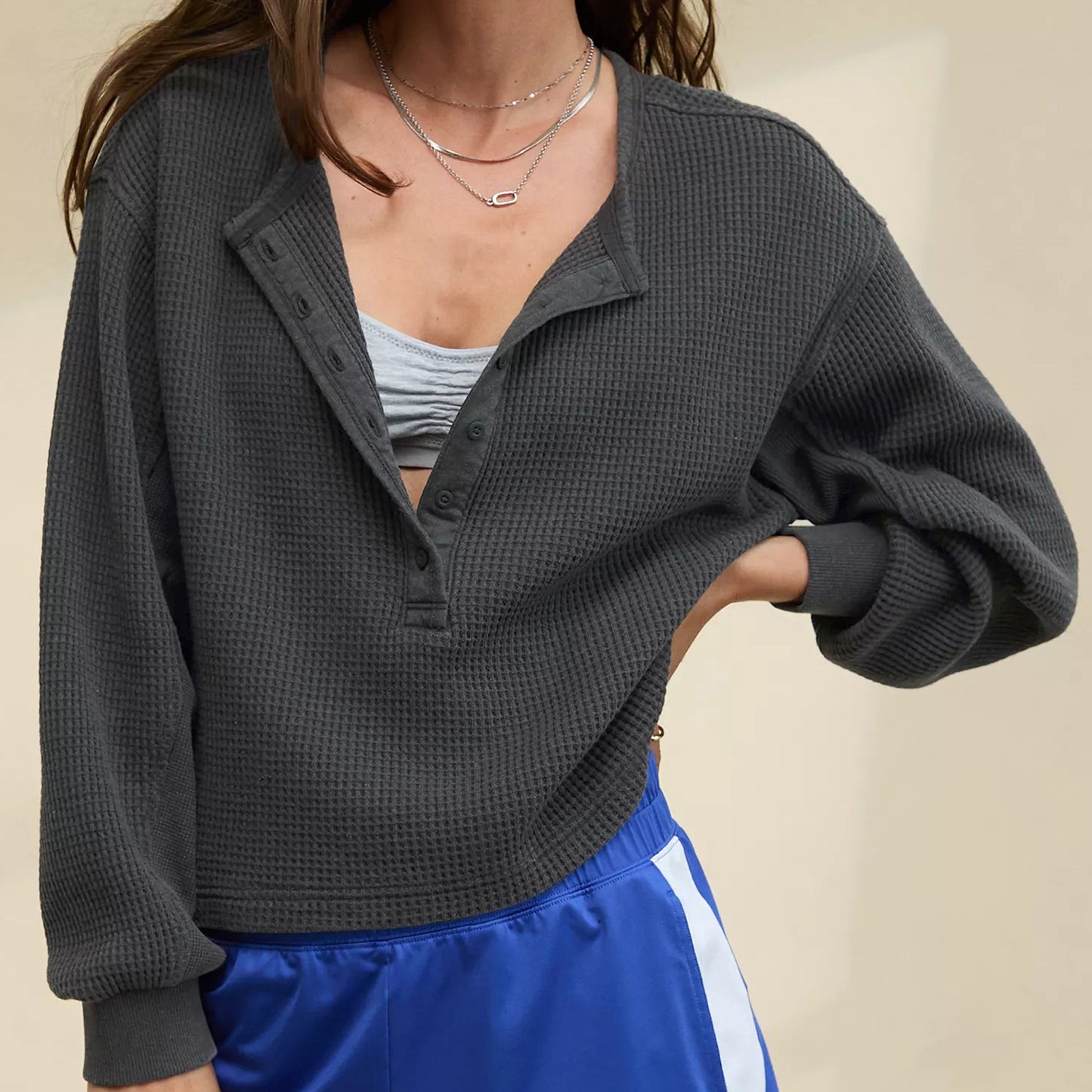 Women's Button Waffle Loose Leisure Commute Lazy Clothing