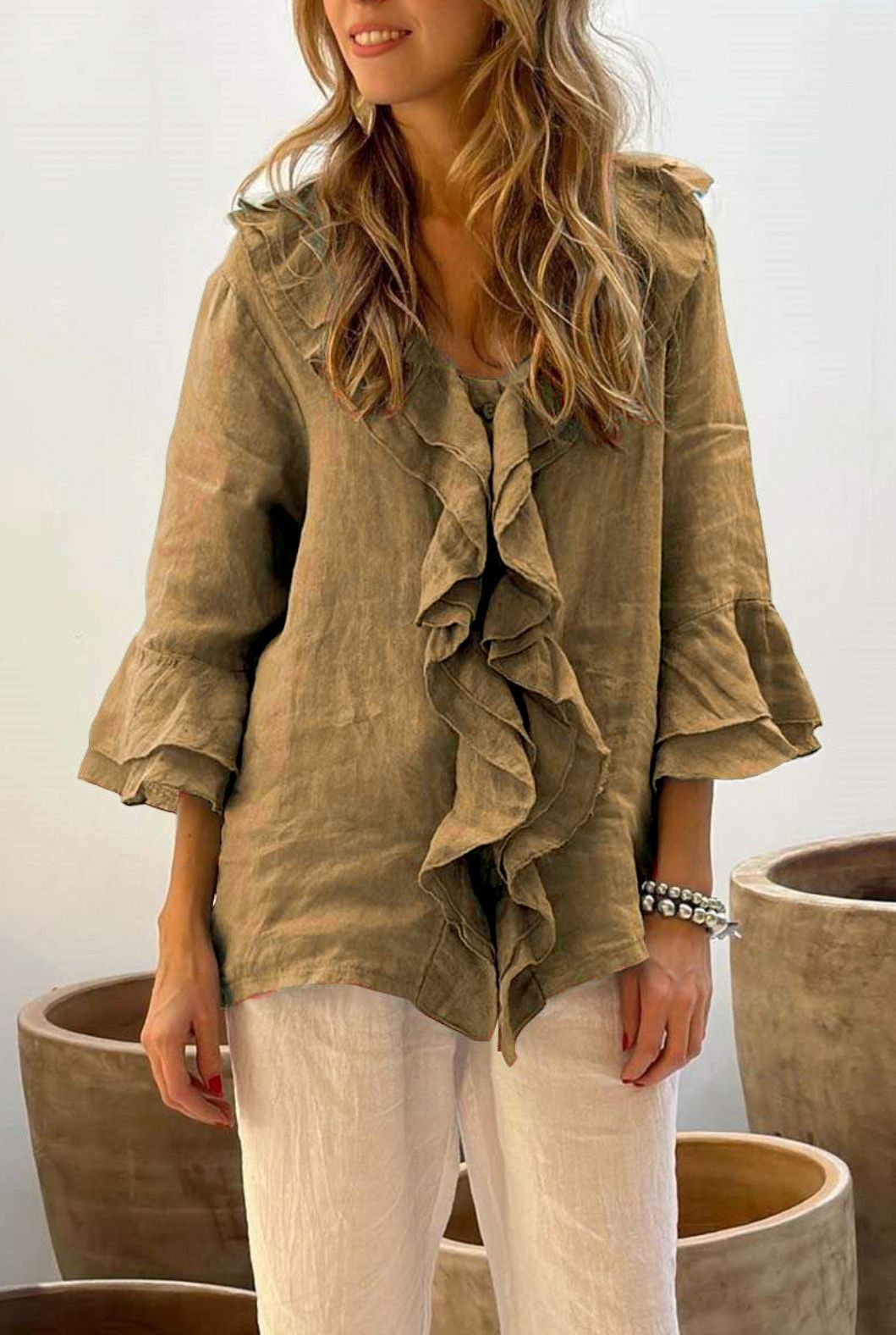 Autumn Solid Color Flying Sleeves Ruffled Blouses