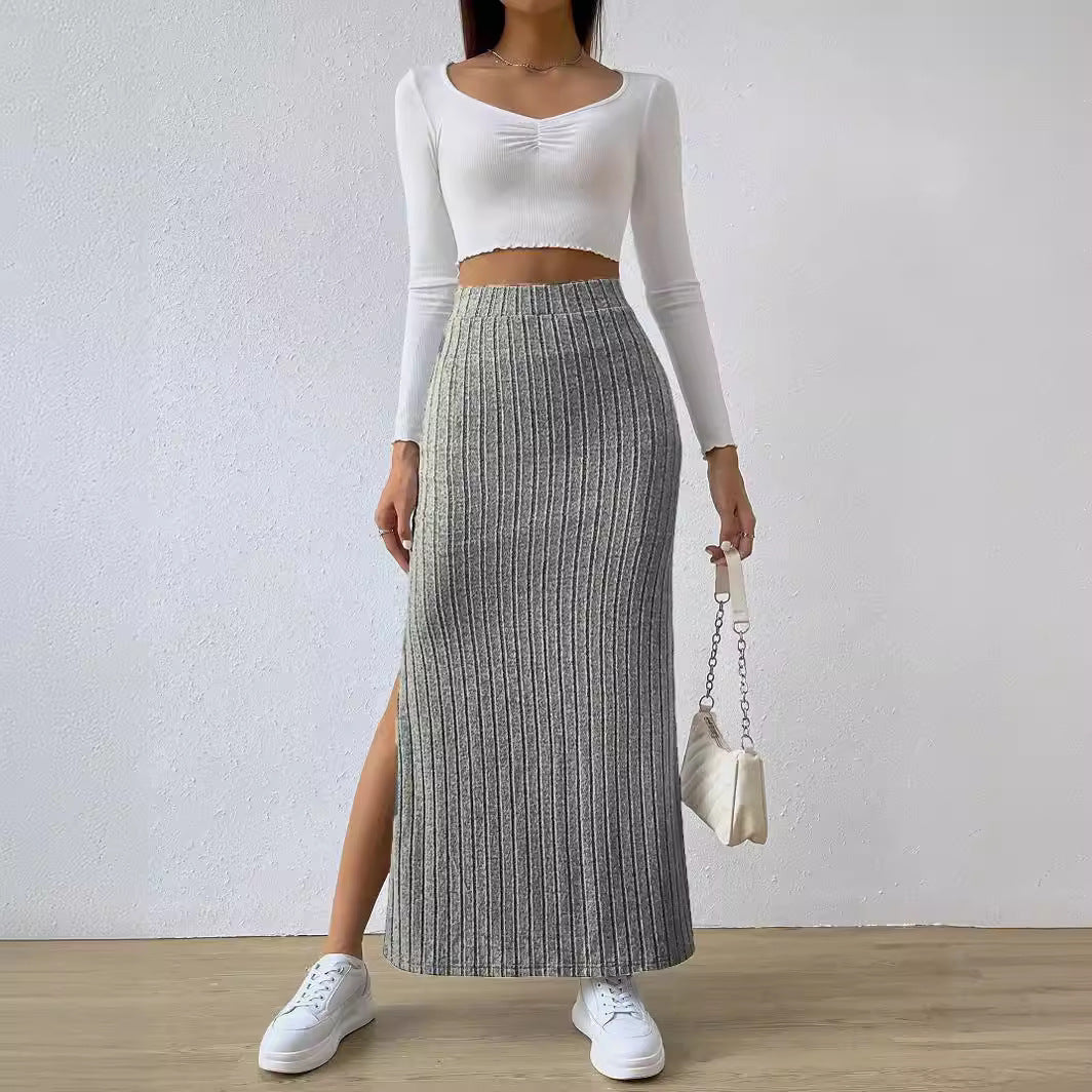 Women's High Waist Side Slit Slim Knit Skirts