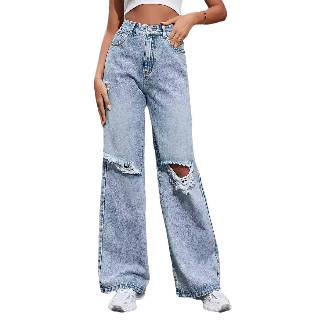 Women's Fashion Holes High Waist Wide Leg Casual Jeans