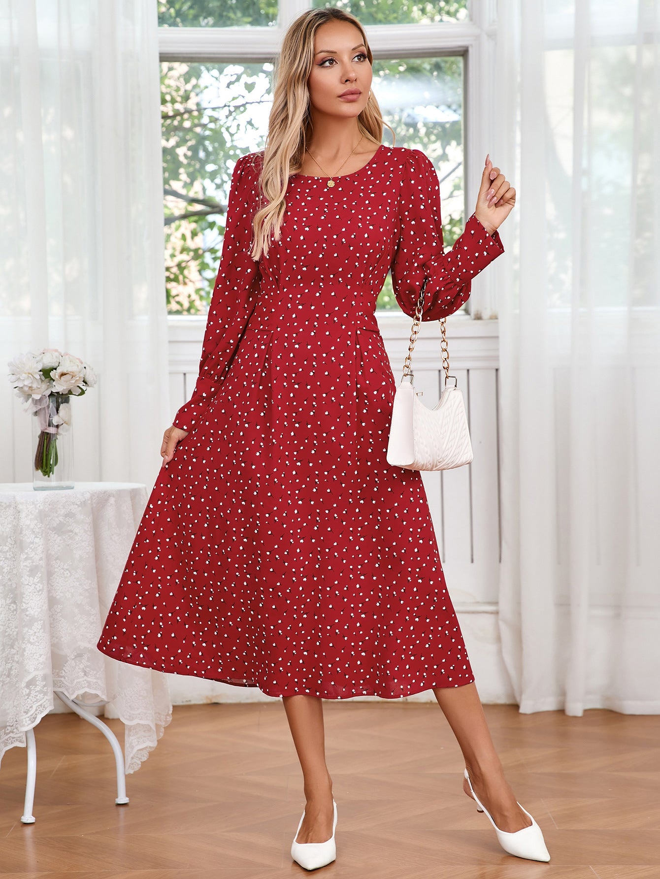 Women's Autumn Elegant Floral Round Neck Tied Plus Size